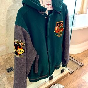 The Disney store, tiger, bomber jacket, green and gray wool.